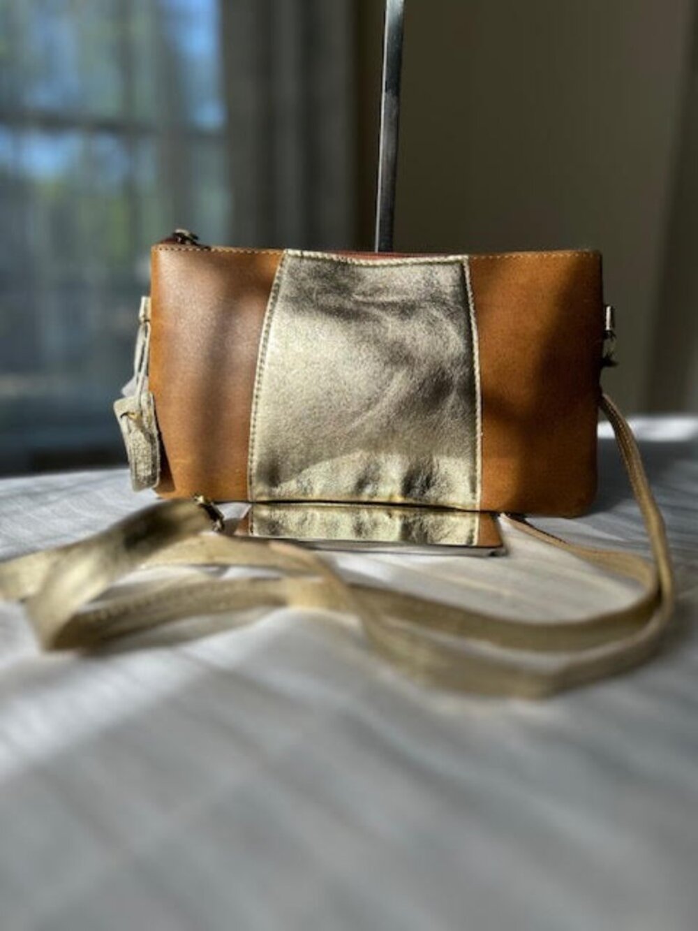 Jane Marie Gold Leather Panel Crossbody Bag Metallic